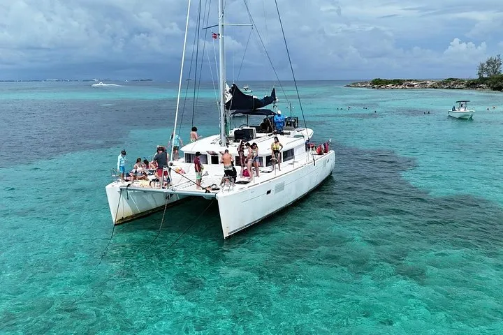 Catamaran anchored off Rose Island on a Nassau snorkel and swimming pigs trip, a shore excursion on a Bahamas cruise from Miami