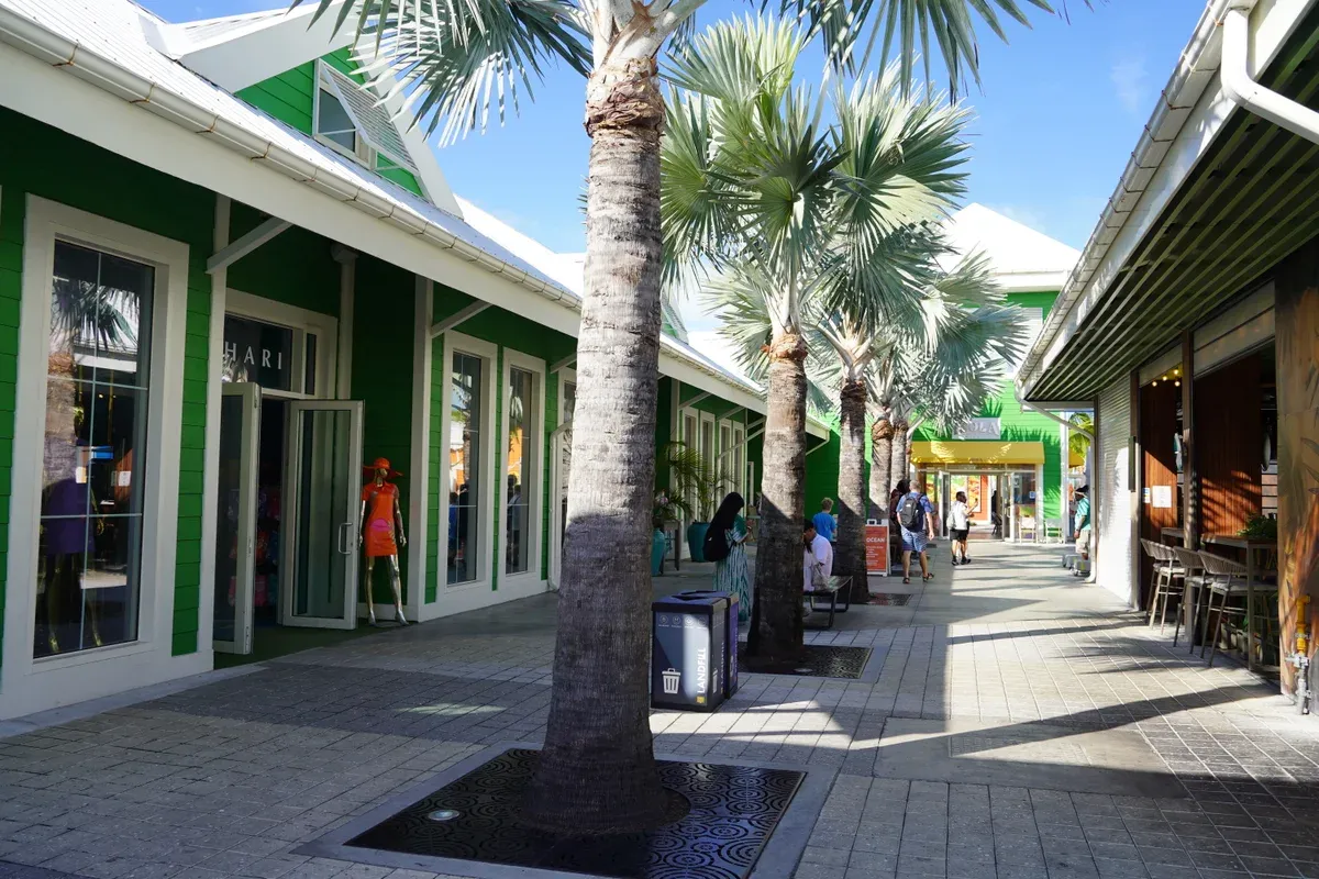 Palm-lined shops at the Nassau cruise port terminal area in downtown Nassau