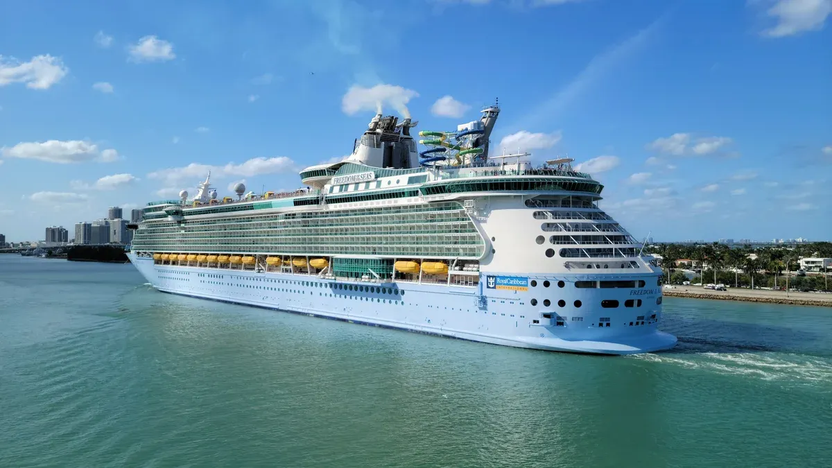 Royal Caribbean Freedom of the Seas in the PortMiami channel, a Royal Caribbean cruise from Miami