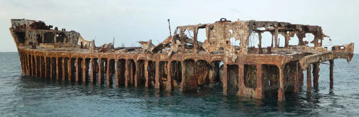 SS Sapona wreck rising from shallow water, a classic stop on a Bimini snorkeling tour